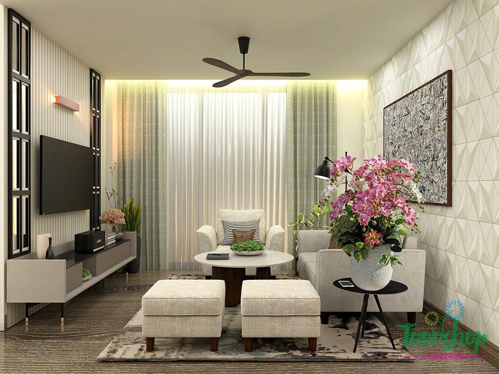 Chậu lan tiểu hồ điệp cao su đặt cạnh sofa