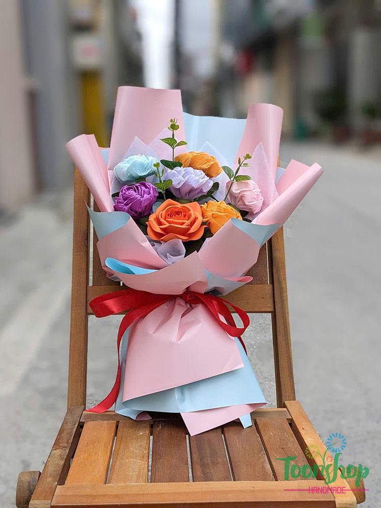 Bó hoa giấy nhún 7 bông màu mix giấy gói hồng