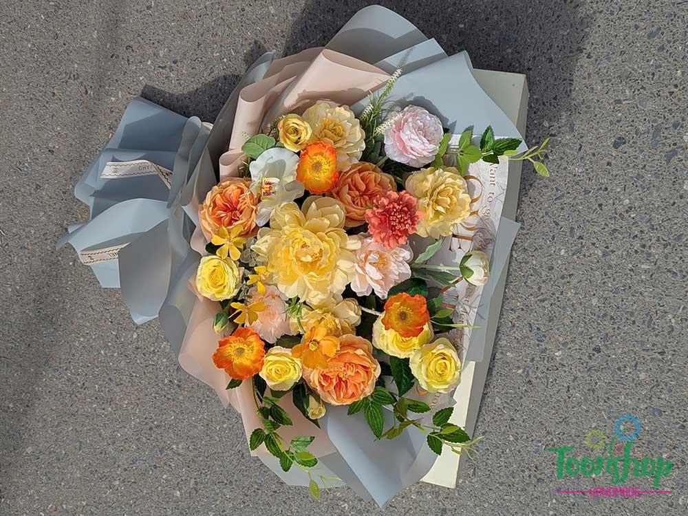 bó hoa lụa cao cấp tone vàng cam