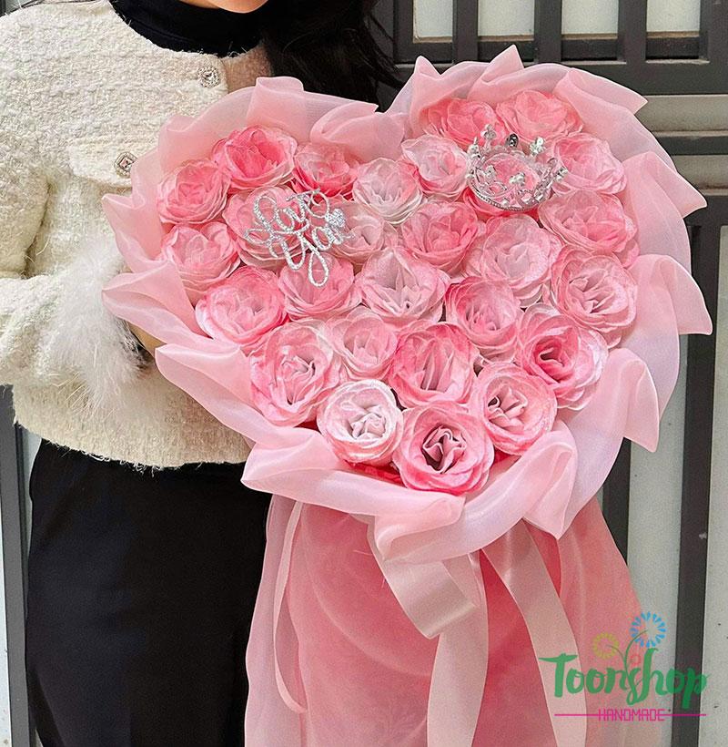 bó hoa nhũ trái tim 28 bông hồng loang voan hồng