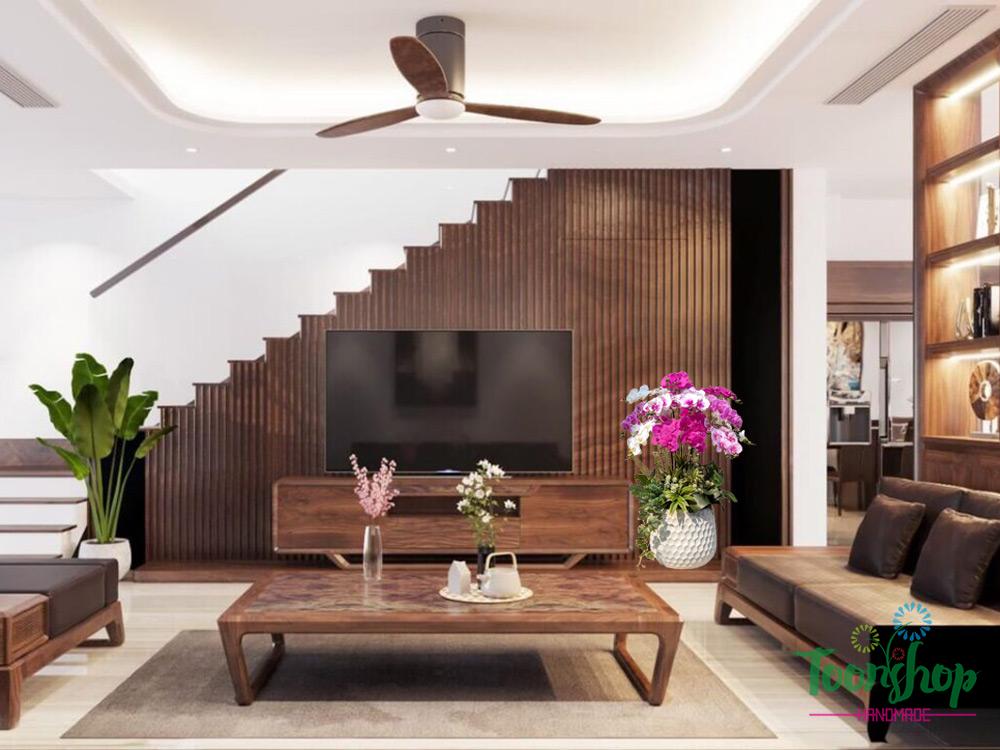 Chậu lan hồ điệp mix màu trắng hồng làm nổi bật không gian phòng khách