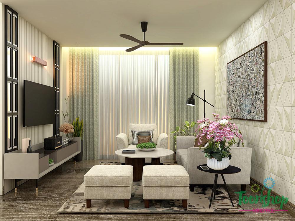 Chậu lan hồ điệp nhí màu hồng làm nổi bật không gian phòng khách