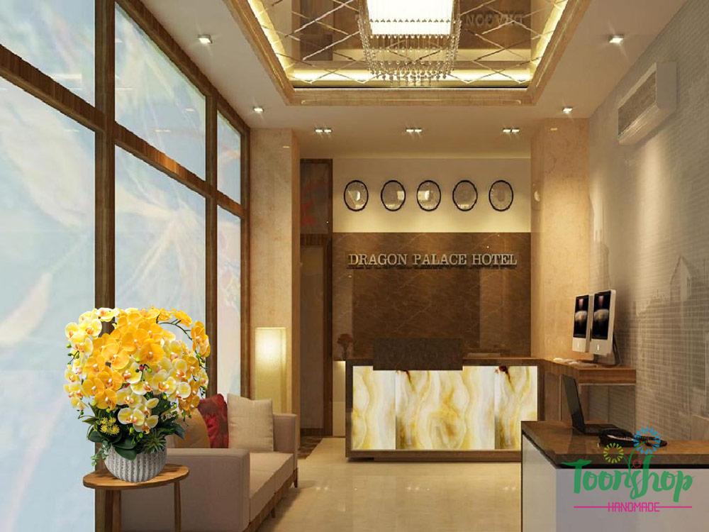 Bình lan hồ điệp cao su màu vàng bầy tại quầy checkin