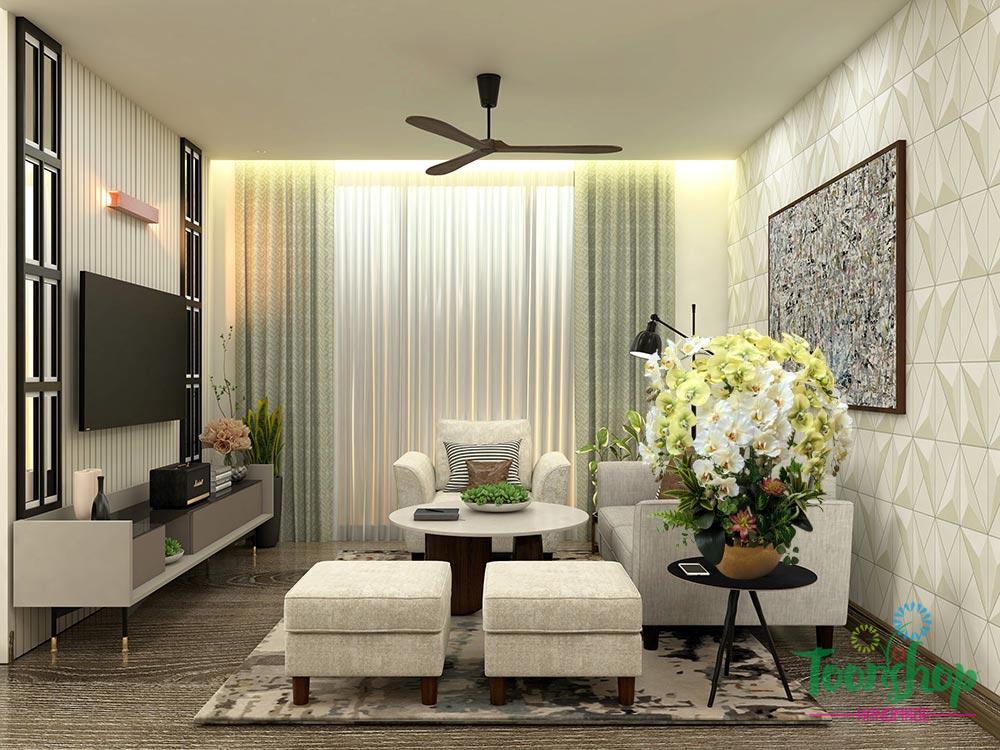 Phối cảnh phòng khách chậu lan hồ điệp xanh bơ