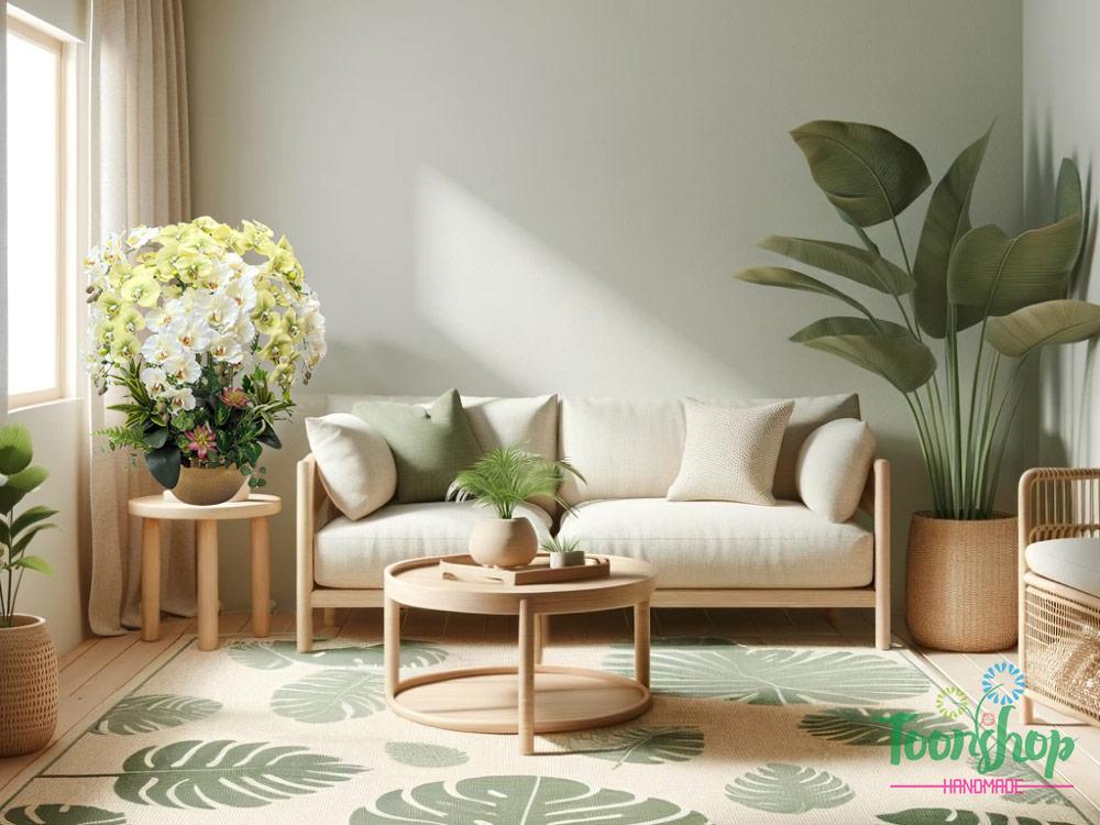 Phối cảnh chậu lan hồ điệp xanh bơ đặt cạnh sofa