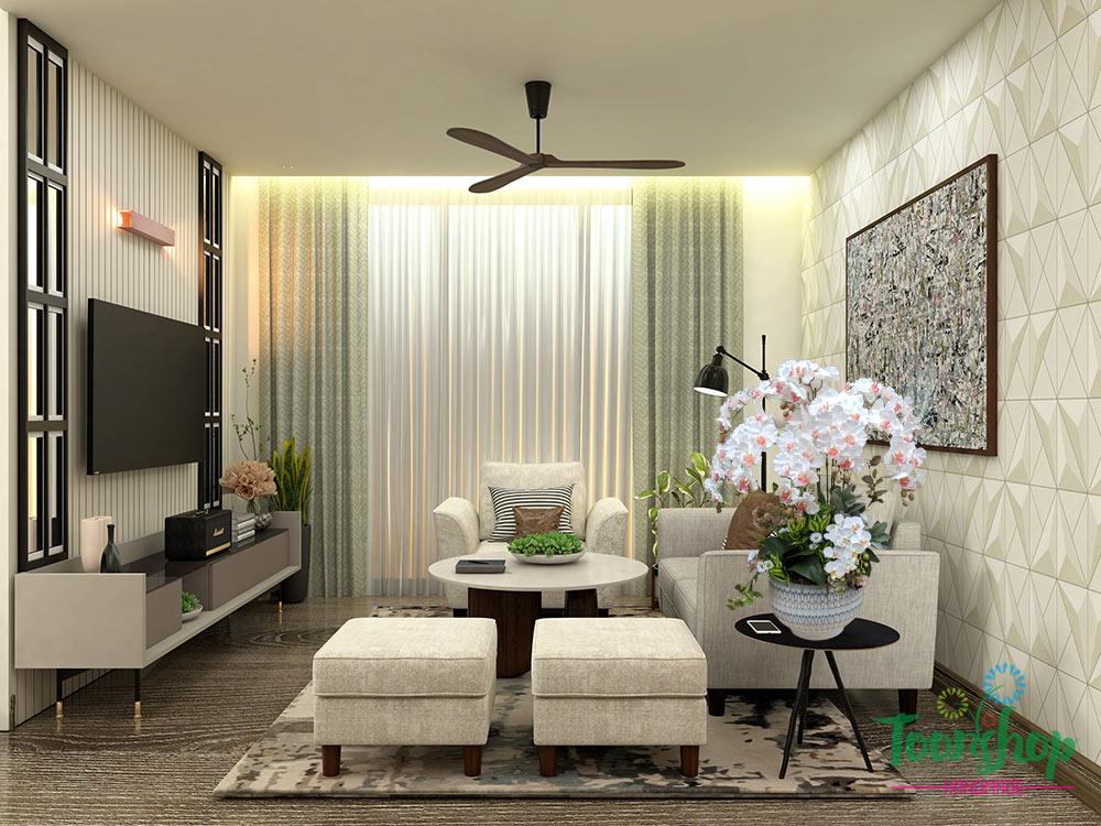 Chậu lan hồ điệp xoăn màu trắng tạo nên điểm nhấn phòng khách