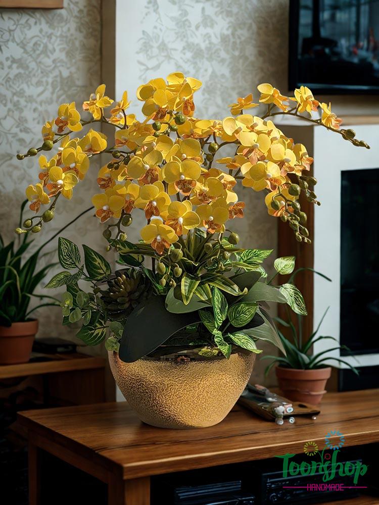 Bình lan tiểu hồ điệp giả màu vàng đặt trên kệ tivi