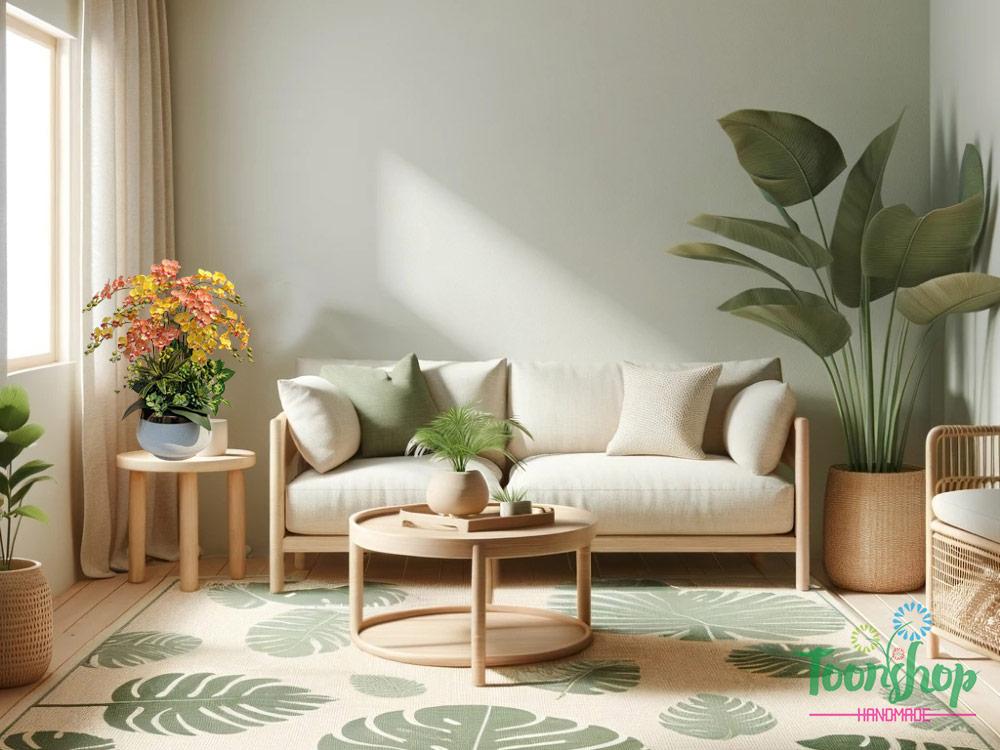 Chậu lan hồ điệp nhí màu vang cam đặt cạnh sofa