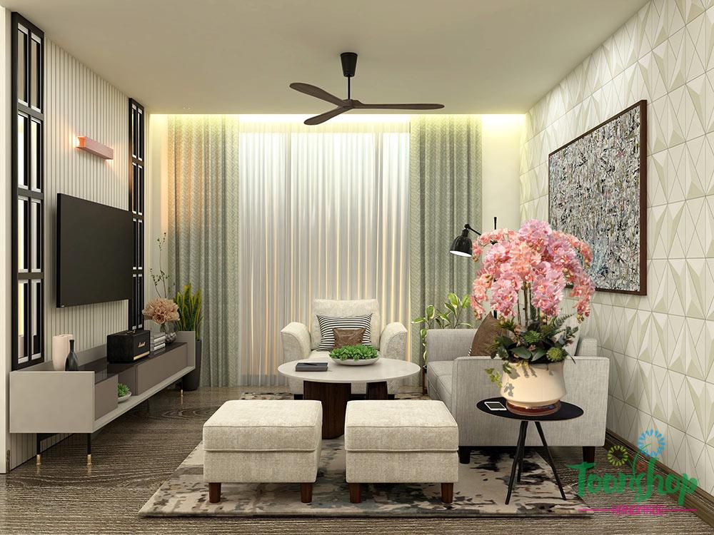 Chậu lan xoăn hồ điệp màu hồng phấn tạo nên điểm nhấn ấn tượng