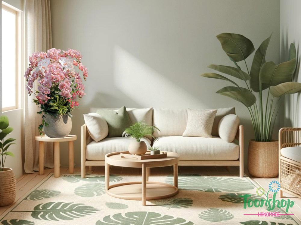 Chậu lan hồ điệp xoăn hồng phấn đặt cạnh sofa