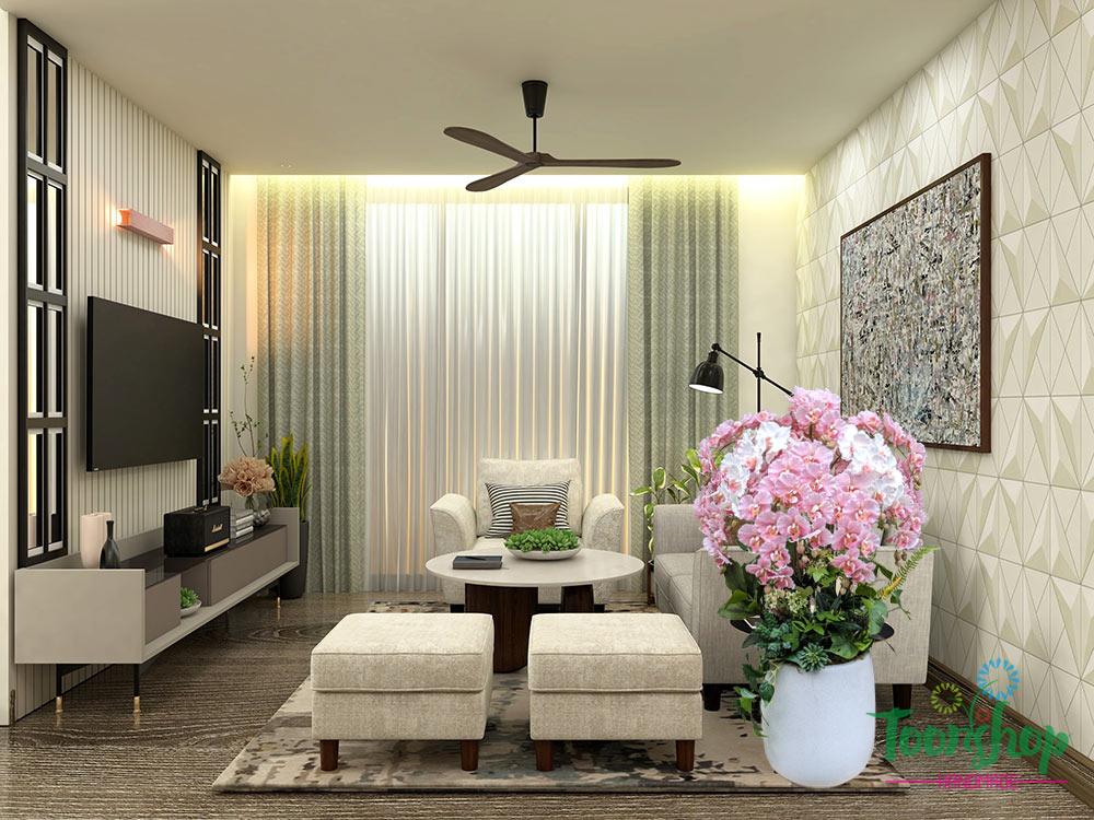 Chậu lan hồ điệp xoăn màu hồng mix trắng trong không gian phòng khách