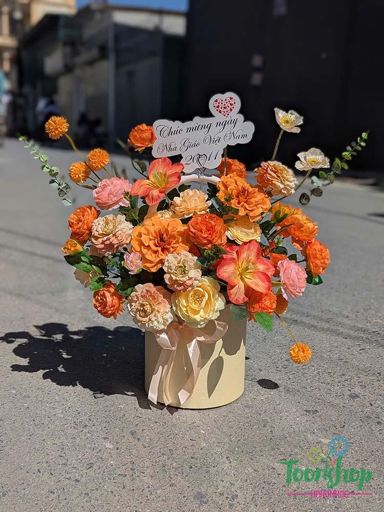 lẵng hoa lụa khai trương tone màu cam