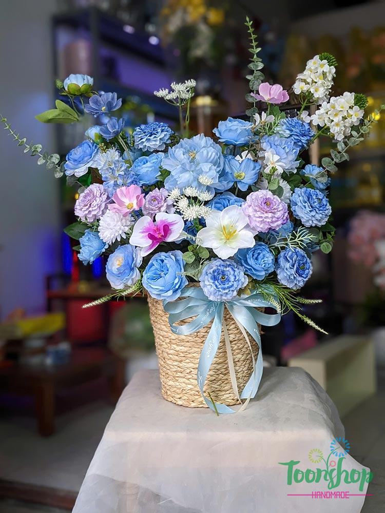 Lẵng hoa lụa chúc mừng khai trương màu xanh dương