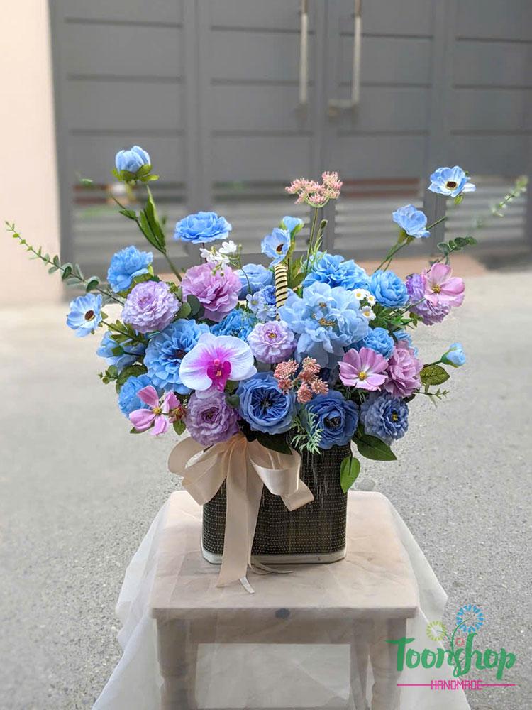 Lẵng hoa khai trương hồng phát chất liệu hoa lụa