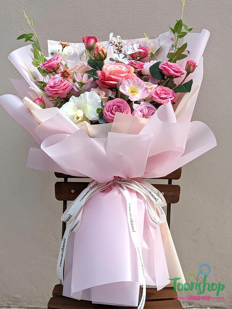 bó hoa lụa cao cấp tone màu hồng