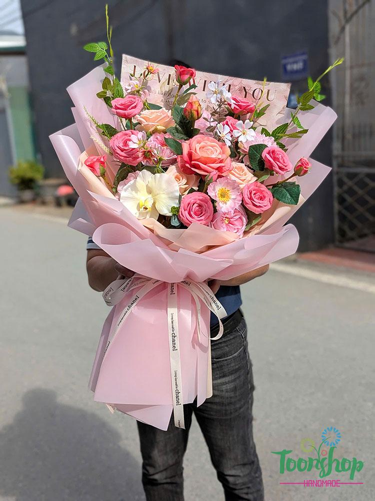 Bó hoa lụa cao cấp mẫu mới tone màu hồng
