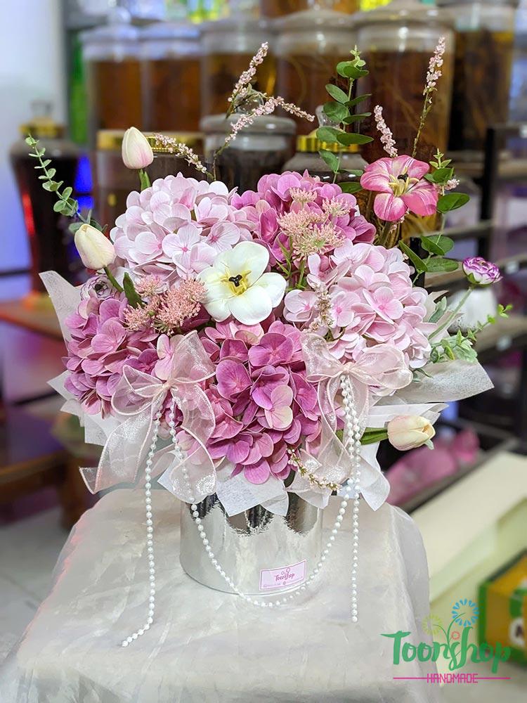 Hộp hoa sáp cẩm tú cầu màu hồng