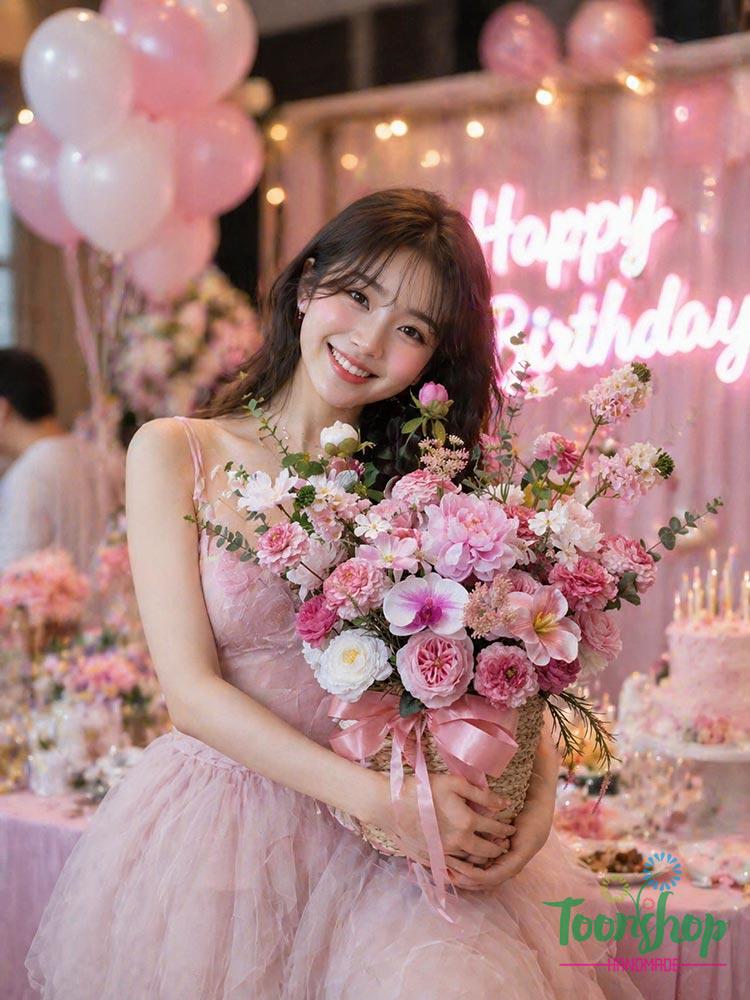 Giỏ hoa lụa màu hồng chúc mừng sinh nhật