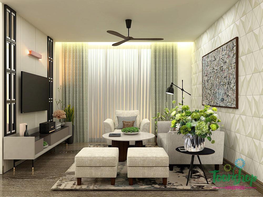 Lẵng hoa lụa màu xanh cốm đặt trên bàn phòng khách