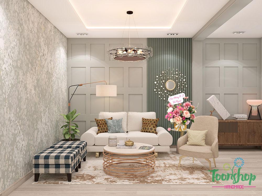Giỏ hoa lụa chúc mừng 8-3 đặt tại phòng khách