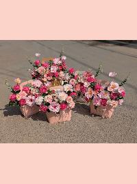 Giỏ hoa hiện đại có quai xách tone hồng