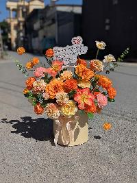 Giỏ hoa lụa khai trương màu cam
