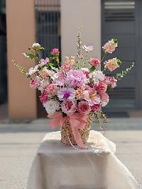 Lẵng hoa lụa mừng khai trương màu hồng mang lại tài lộc