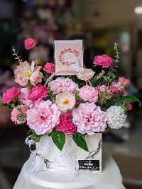 Lẵng hoa lụa để bàn cỡ nhỏ tone hồng
