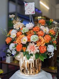 Lẵng hoa lụa khai trương màu cam Phát Tài Phát Lộc