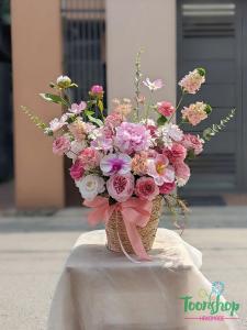 Lẵng hoa lụa mừng khai trương màu hồng mang lại tài lộc