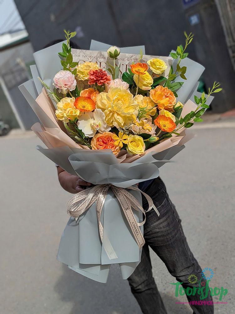 Bó hoa lụa cao cấp mẫu mới tone vàng cam