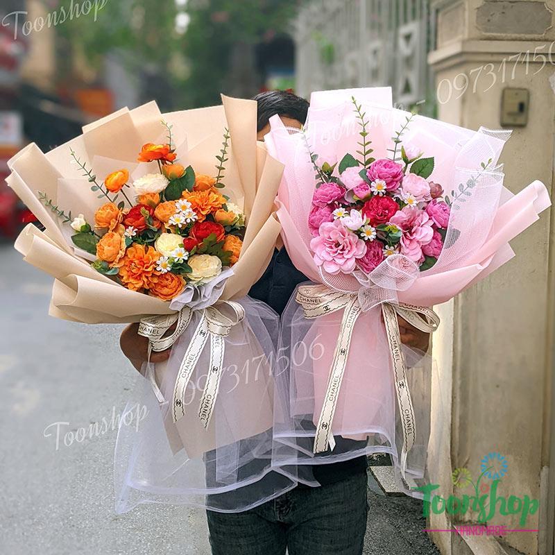 Bó hoa lụa tone cam size to 
