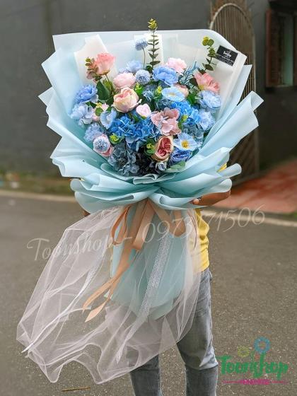 Bó hoa lụa tone xanh hồng