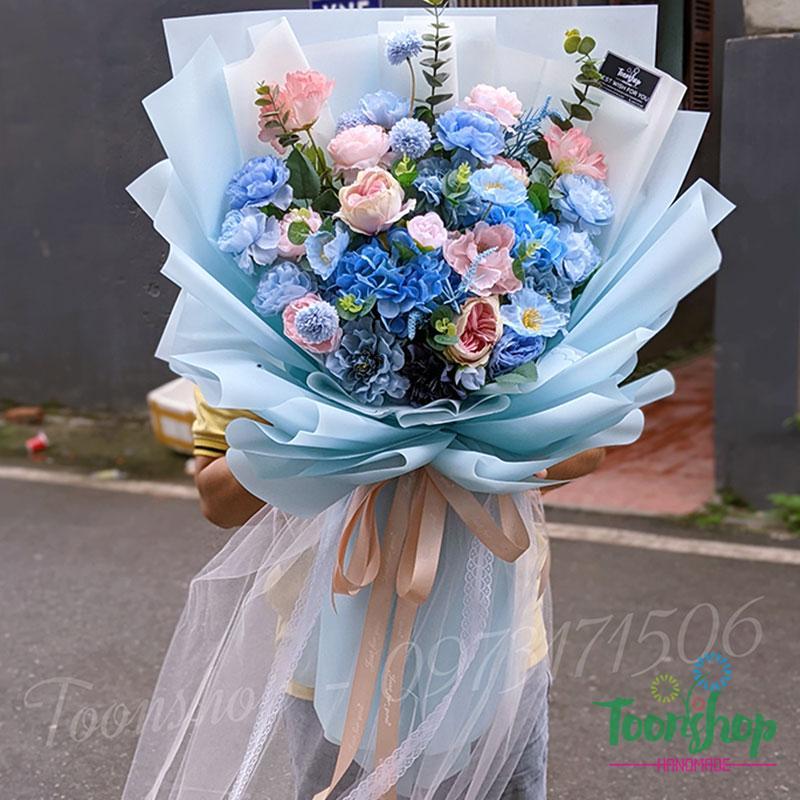 Bó hoa lụa tone xanh hồng