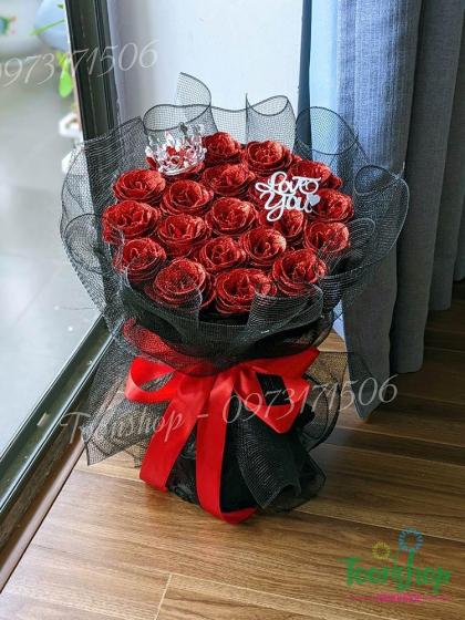 Bó hoa nhũ tròng 20 bông màu đỏ lưới đen
