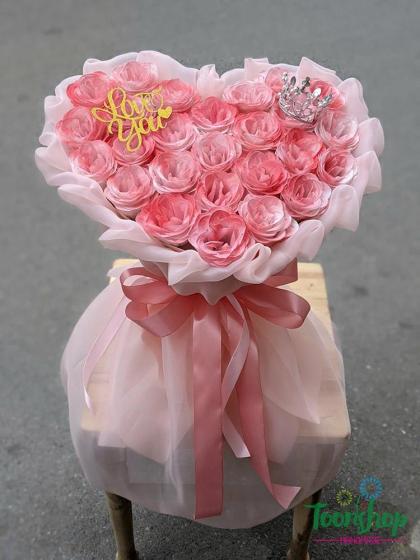 Bó hoa nhũ hình trái tim 28 bông màu hồng loang