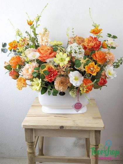 Chậu hoa lụa cao cấp màu cam The Sunshine