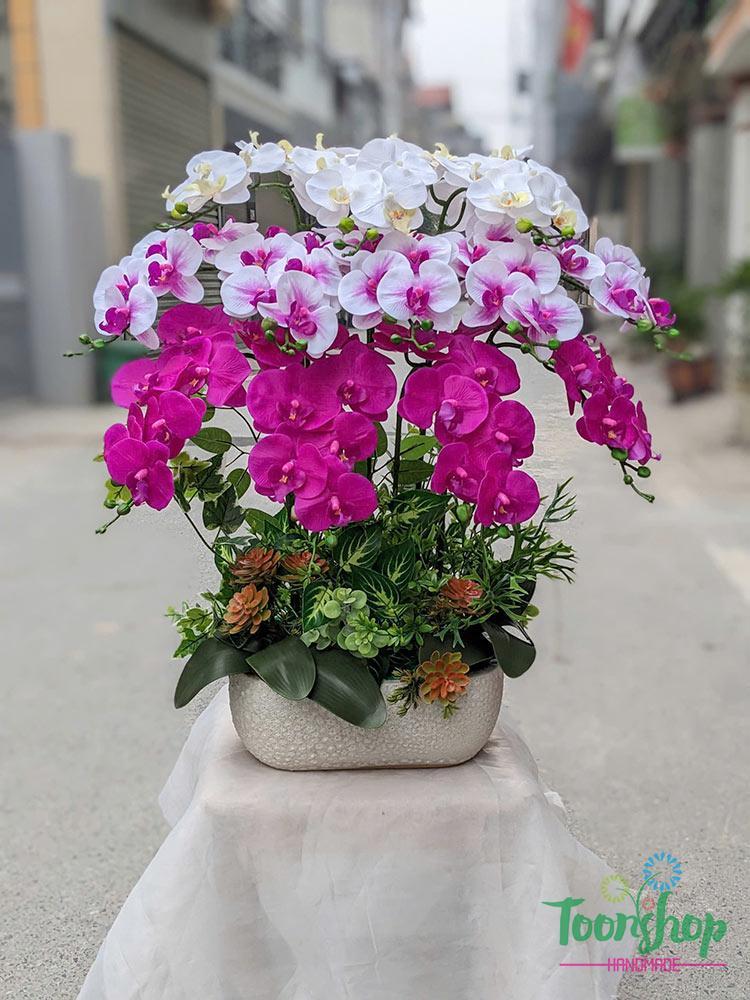 Chậu lan hồ điệp giả cao cấp màu hồng 12 cành 