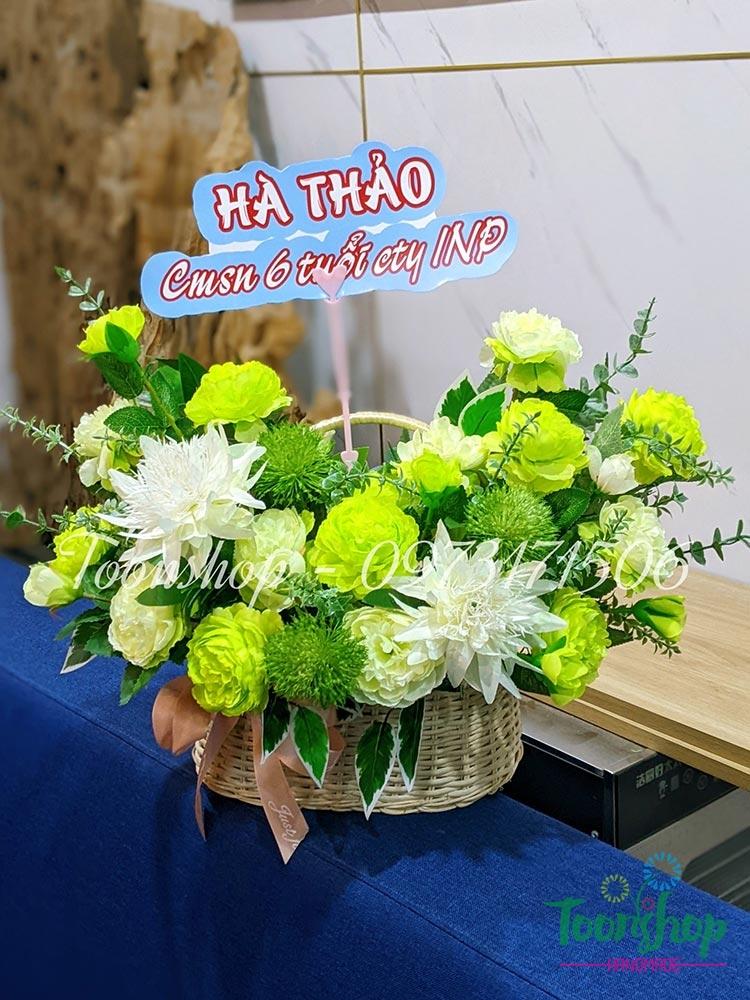 Lẵng hoa lụa tone xanh lá cỡ vừa